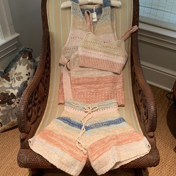 FREE PEOPLE SOUTHWEST SWEATER SET COTTON CROCHET KNIT IN SUNSET COMBO SIZE L - Picture 14 of 16